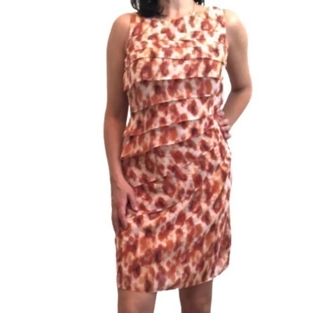 ANN TAYLOR ORANGE AND CREAM PRINT TIERED RUFFLE SLEEVELESS DRESS 8P